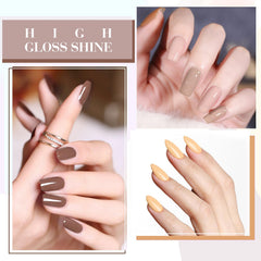 CANNI chocolate brown gel polish on nails for an at-home salon look.