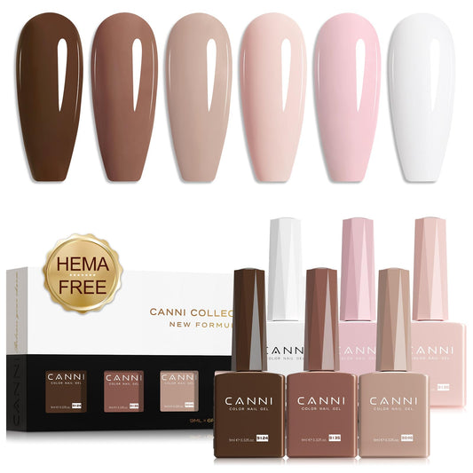 CANNI gel nail polish kit with 6 nude-pink colors for versatile at-home manicures.