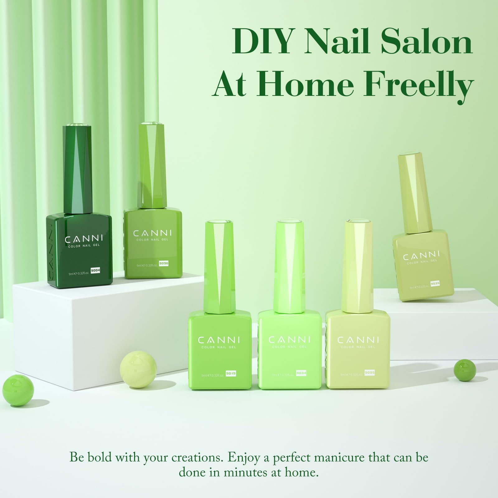 CANNI Evergreen gel nail polish bottle highlights a deep green hue for chic mani looks