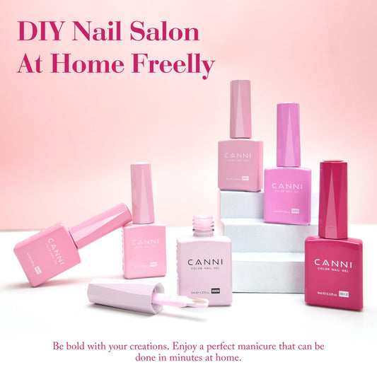 CANNI pink gel nail polish soft rose bottle close-up with smooth application at home.
