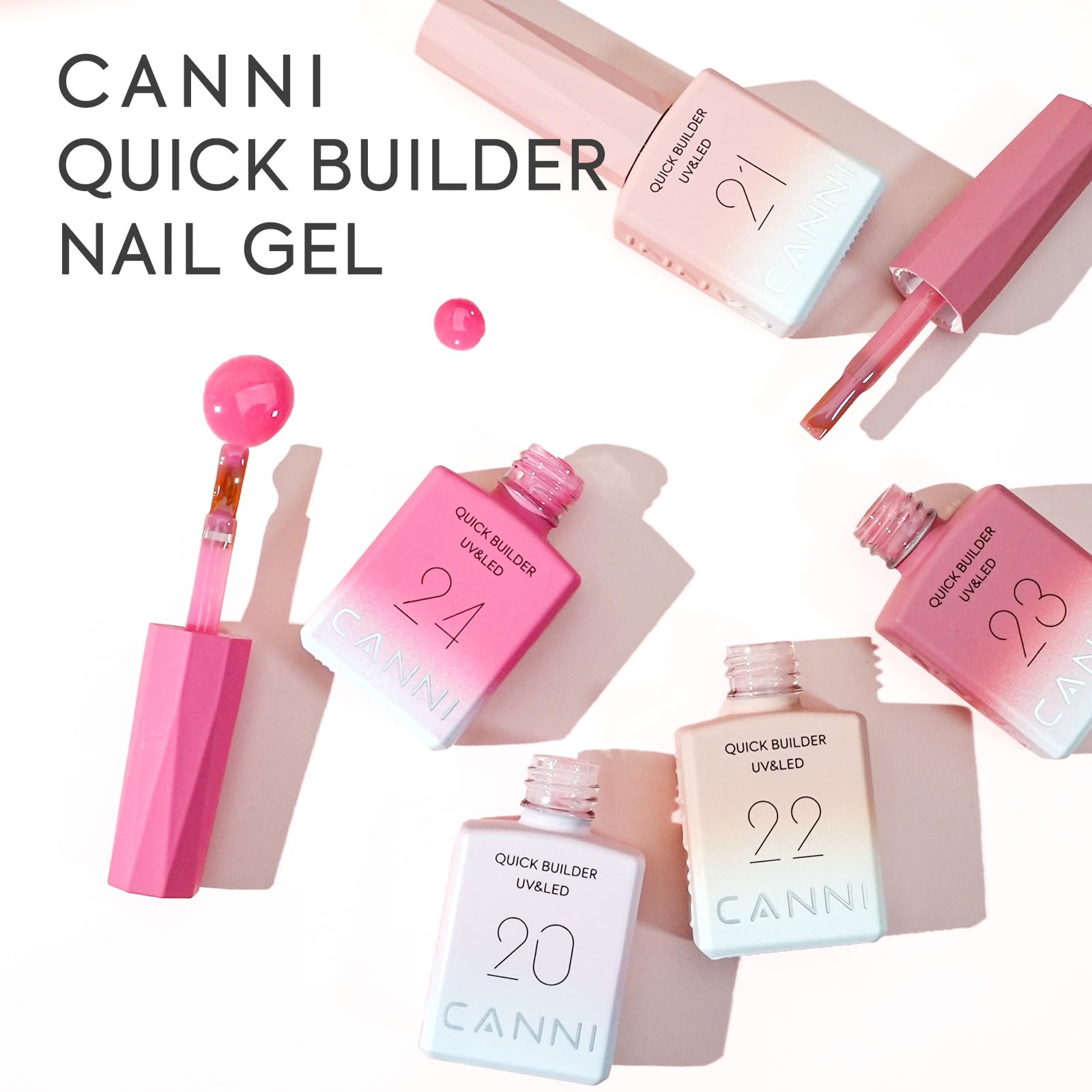 CANNI builder gel delivers durable shine and strong adhesion for 4+ weeks.