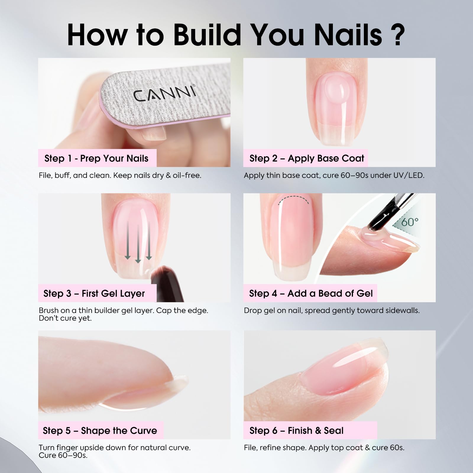 CANNI self-leveling gel close-up shows smooth, streak-free application for easy home nails.