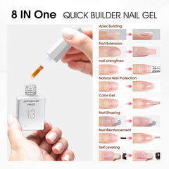 CANNI Quick Builder gel set swatches in nude, pink, and clear shades for natural-looking nails.