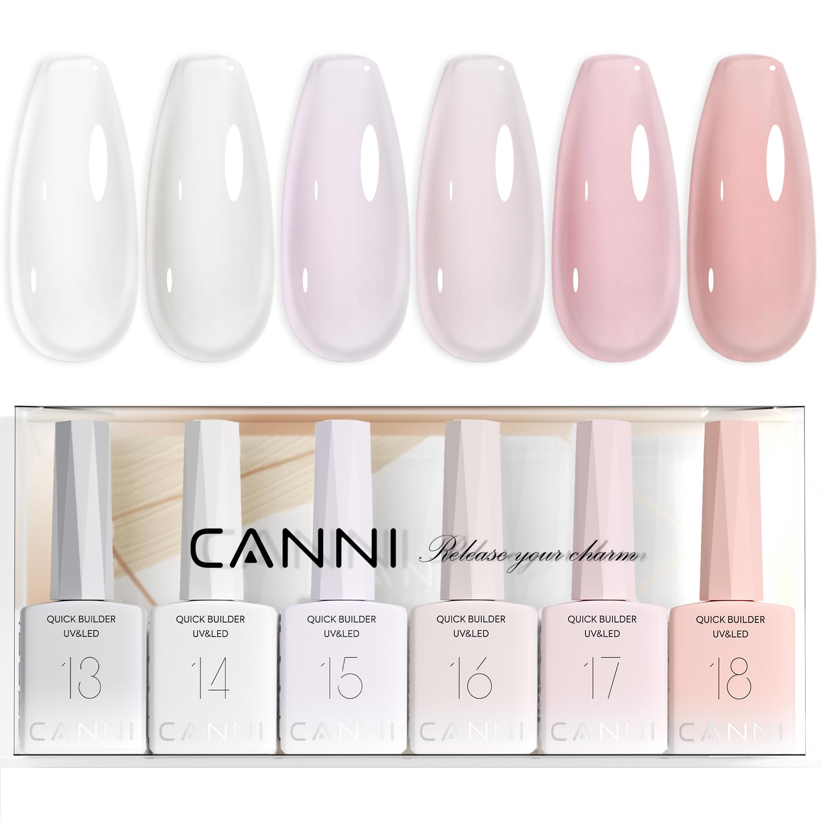 CANNI Quick Builder gel set of six 9ml bottles shown for home manicure with durable results.