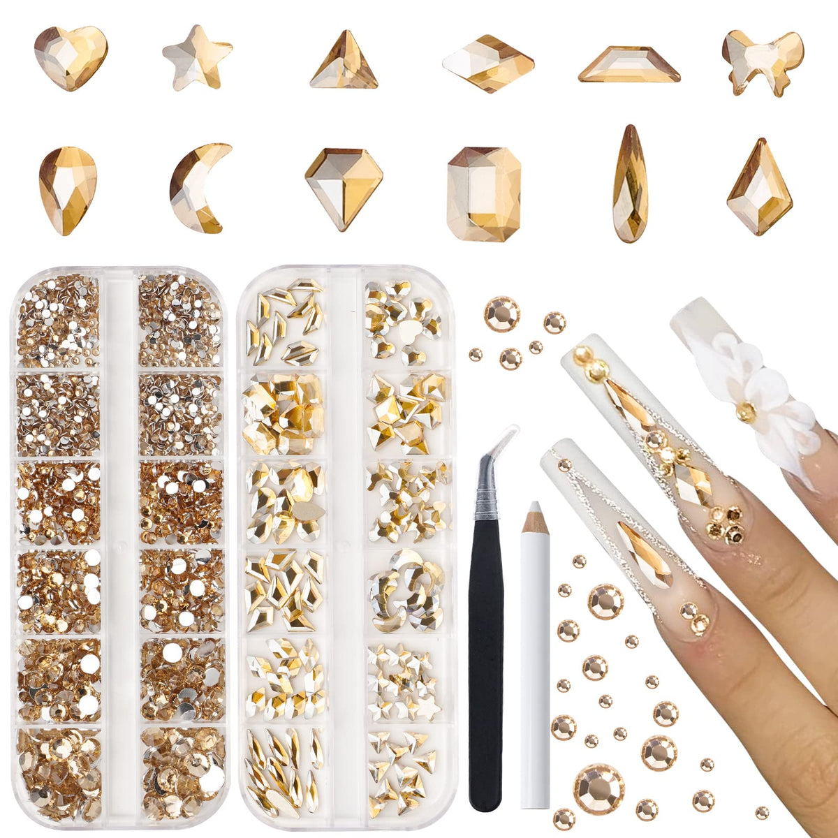 Canvalite 2518pcs nail rhinestones kit box with diverse shapes for DIY nail art.