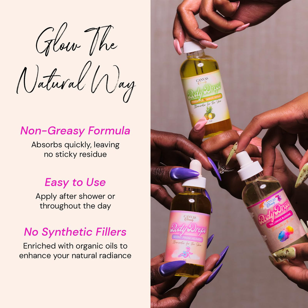 Canvas Beauty Body Drops Creme Brulee applied after shower for moisture