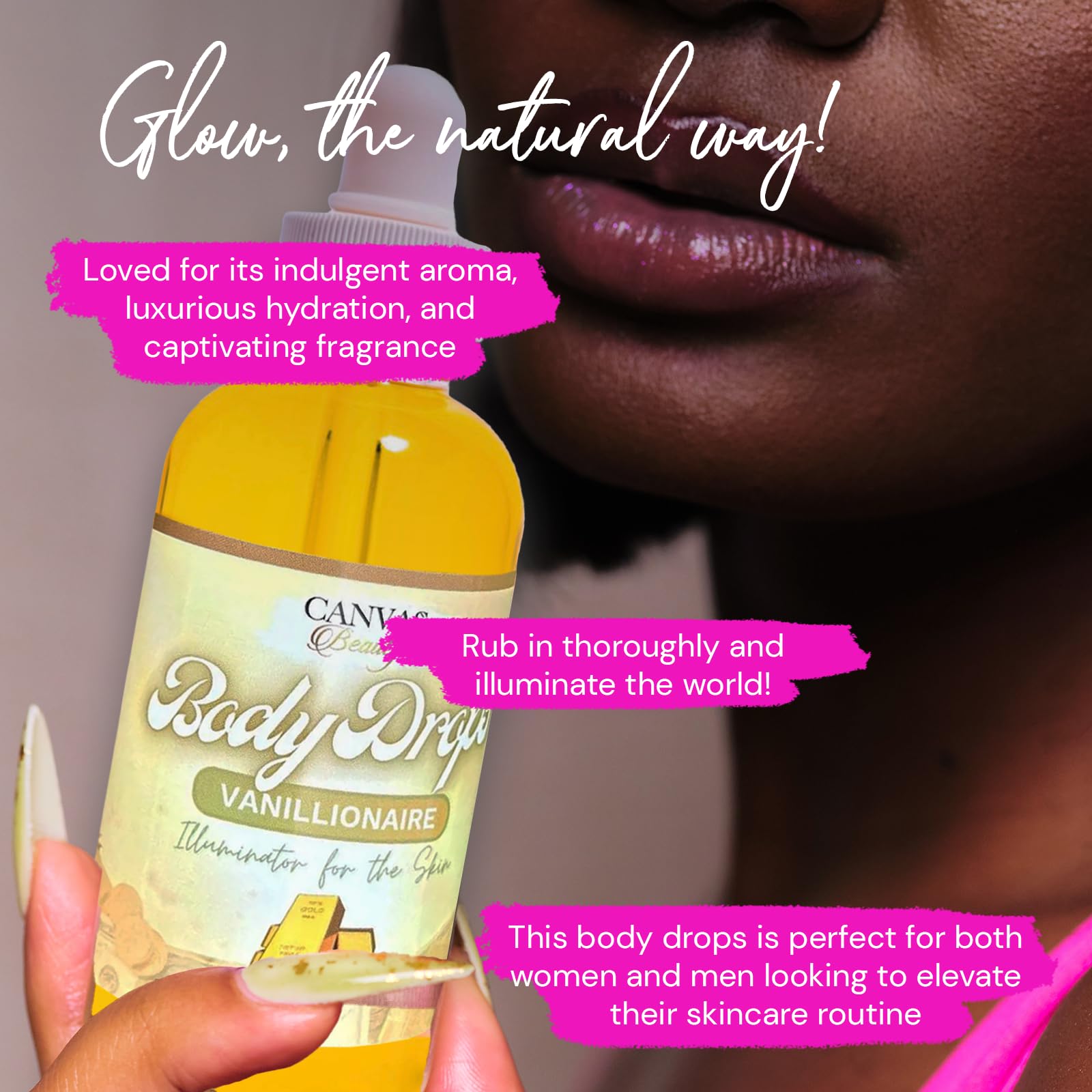 Canvas Beauty Body Drops Vanillionaire applied to damp skin locks in moisture