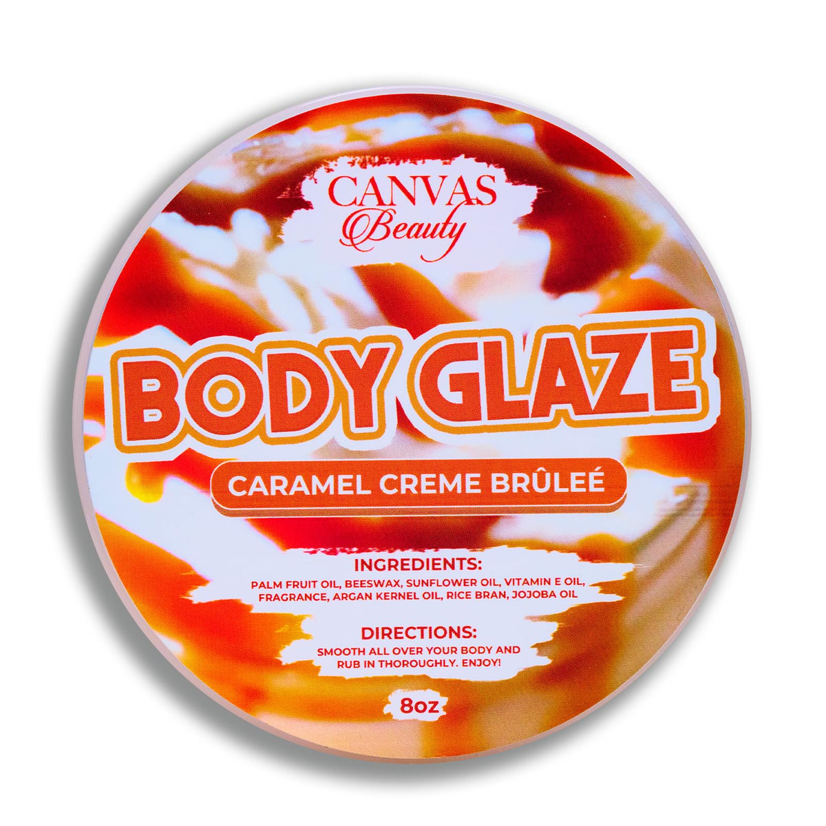 Canvas Beauty Body Glaze bottle shows caramel creme brulee scent delivering non-greasy moisture