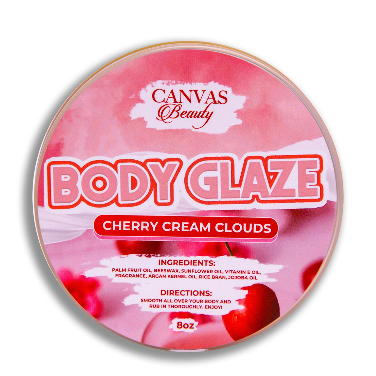 Canvas Beauty Body Glaze Cherry Cream Clouds jar showing glossy hydration on label