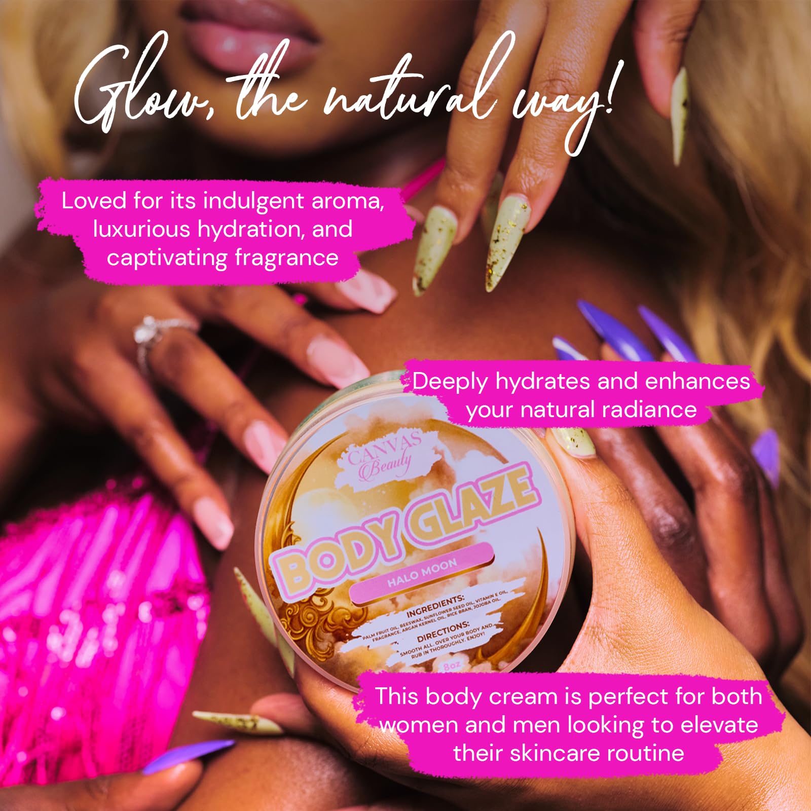 Halo Moon on damp skin shows instant glide and silky finish for easy application.