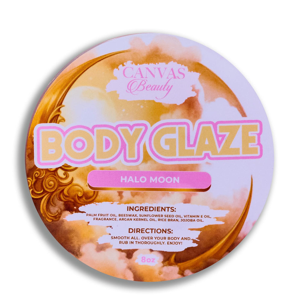 Canvas Beauty Body Glaze Halo Moon jar close-up shows creamy texture for intense hydration.