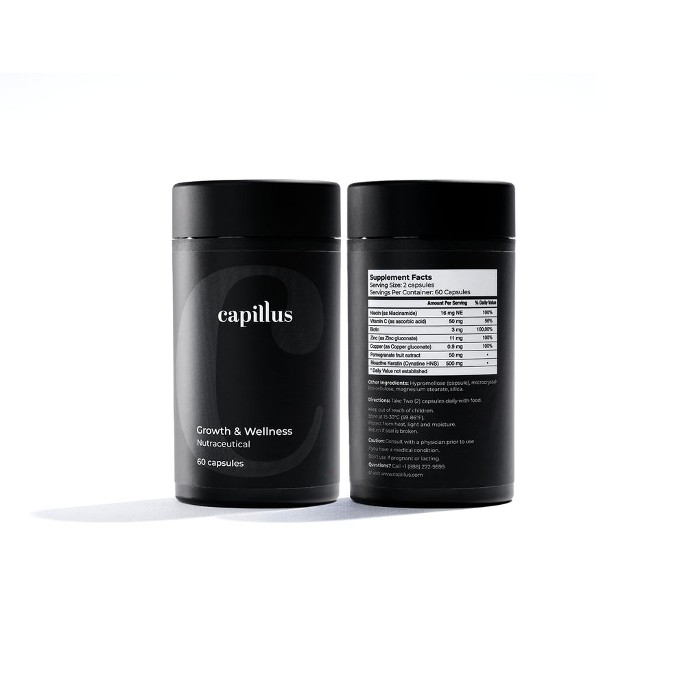 Capillus Hair Growth Vitamins pills close-up showing capsules for easy daily intake.