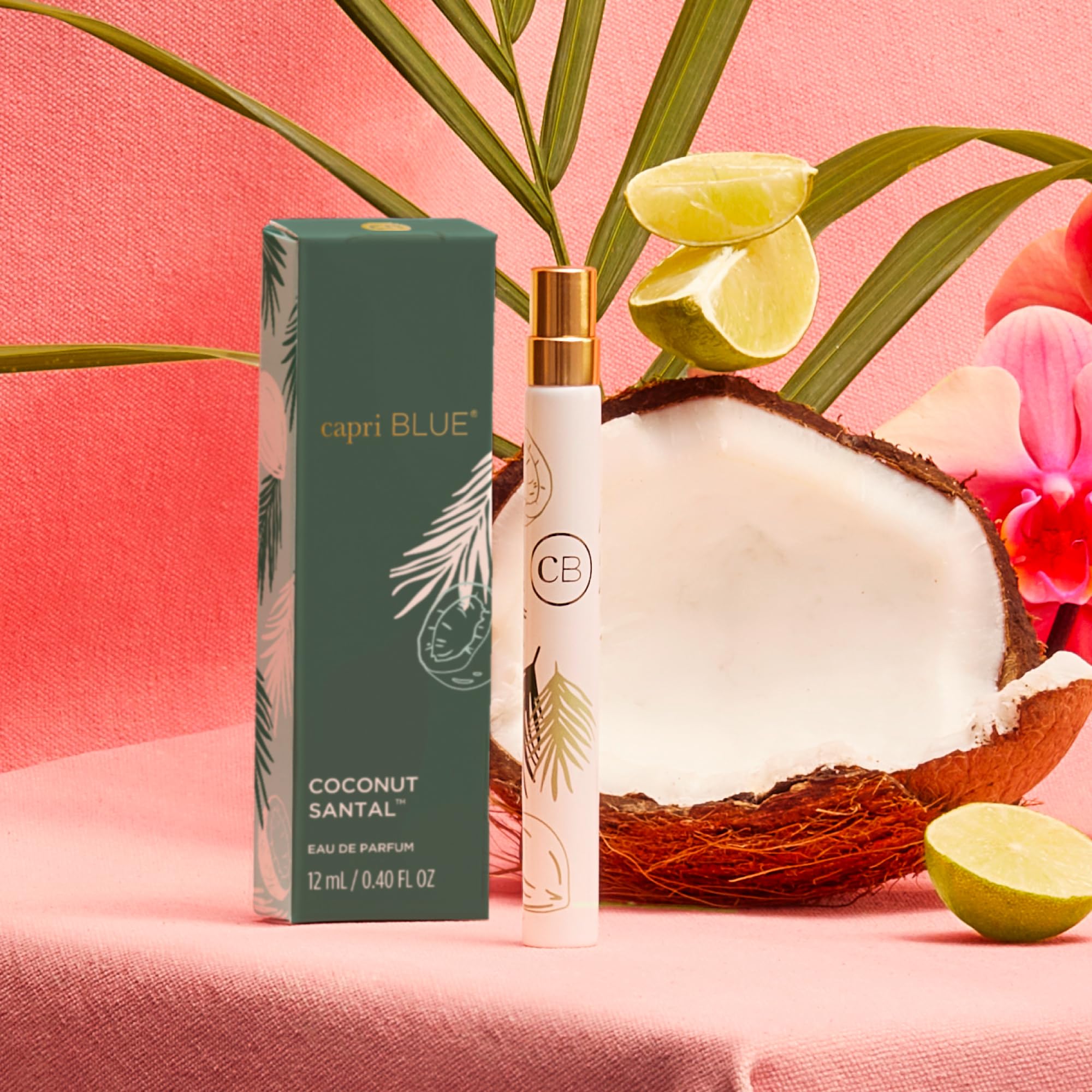 Capri Blue Coconut Santal close-up with hibiscus and lime notes evokes a tropical mood.