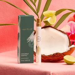 Capri Blue Coconut Santal close-up with hibiscus and lime notes evokes a tropical mood.