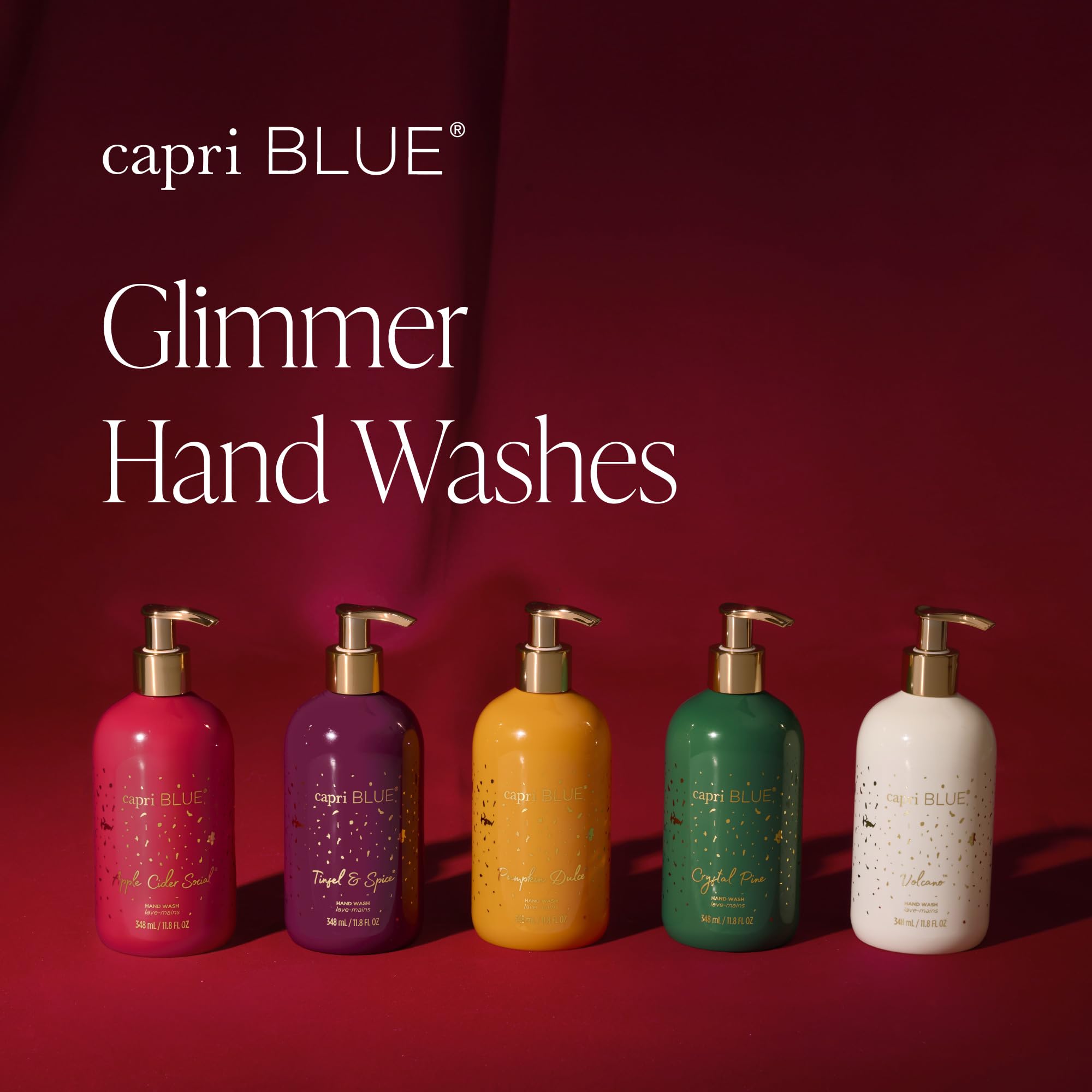 Capri Blue bottle featuring gold detailing for premium bathroom décor.