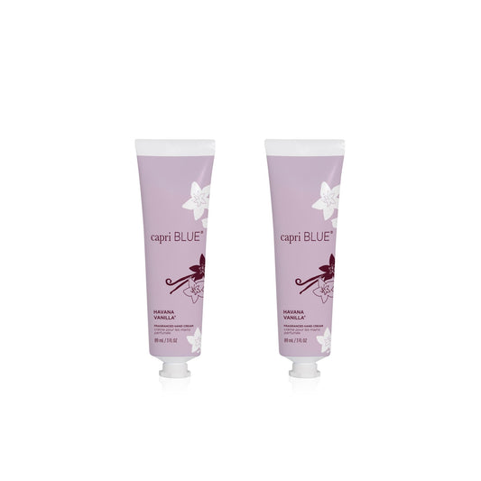 Capri Blue Havana Vanilla travel-size two-pack hand cream showing hydrating formula