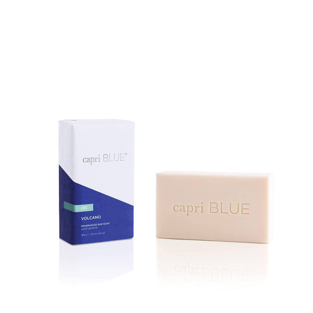 Capri Blue Volcano bar soap packaging shown, compact design ideal for gifting or travel.