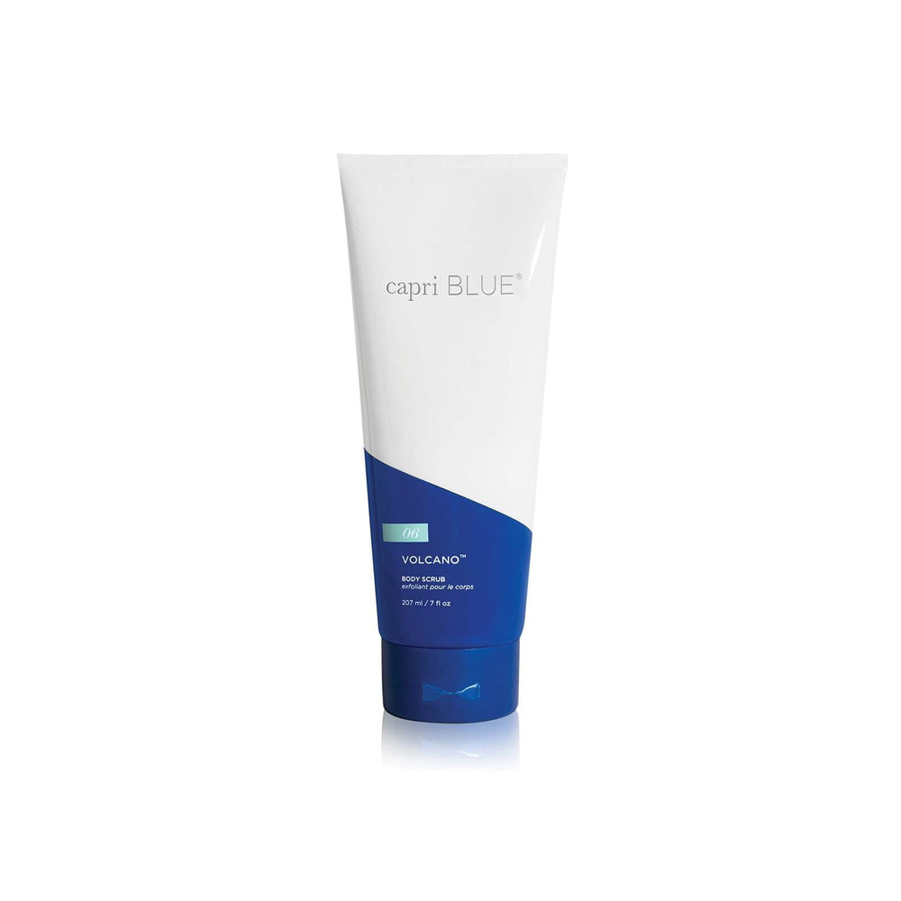 Capri Blue Volcano body scrub tube closeup highlighting moisturizing formula for soft skin.