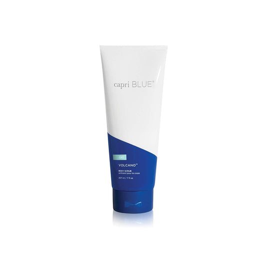 Capri Blue Volcano body scrub tube closeup highlighting moisturizing formula for soft skin.