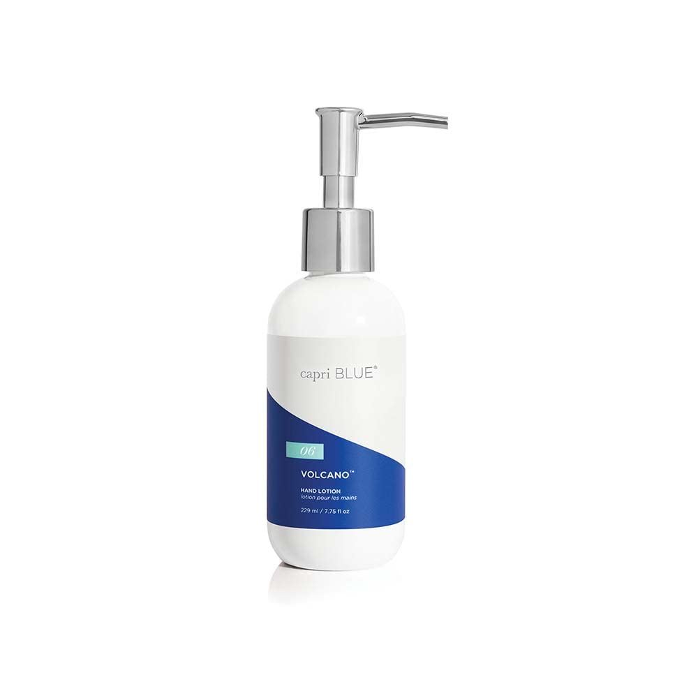 Capri Blue Volcano hand lotion bottle with pump, ideal for daily moisturization.