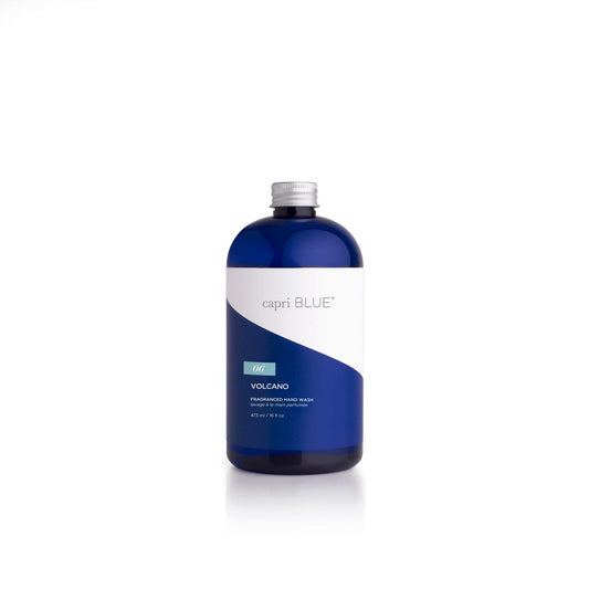 Capri Blue Volcano hand-wash bottle on sink, moisturizing formula highlighted.
