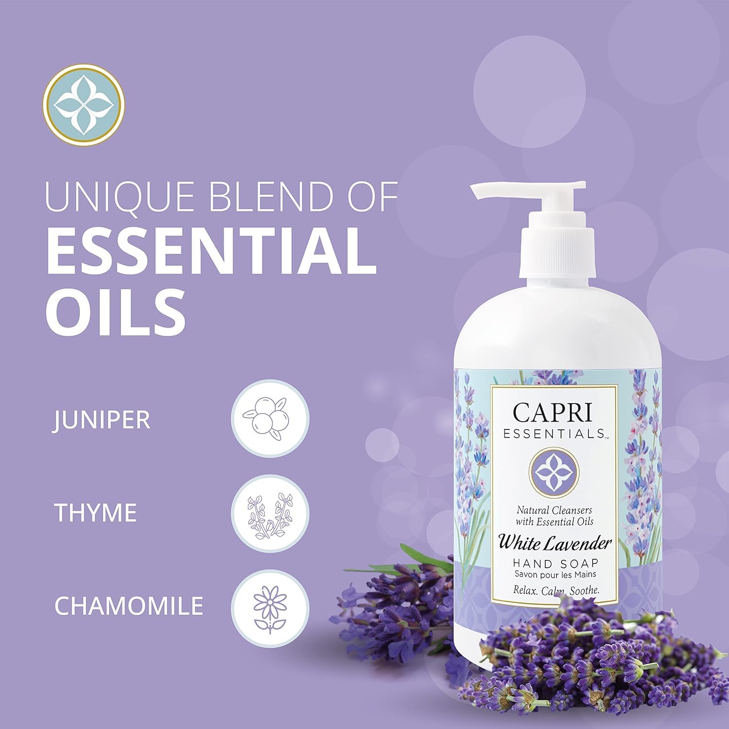 CAPRI ESSENTIALS image highlighting aromatherapy oils like chamomile, thyme, and juniper for calming notes.