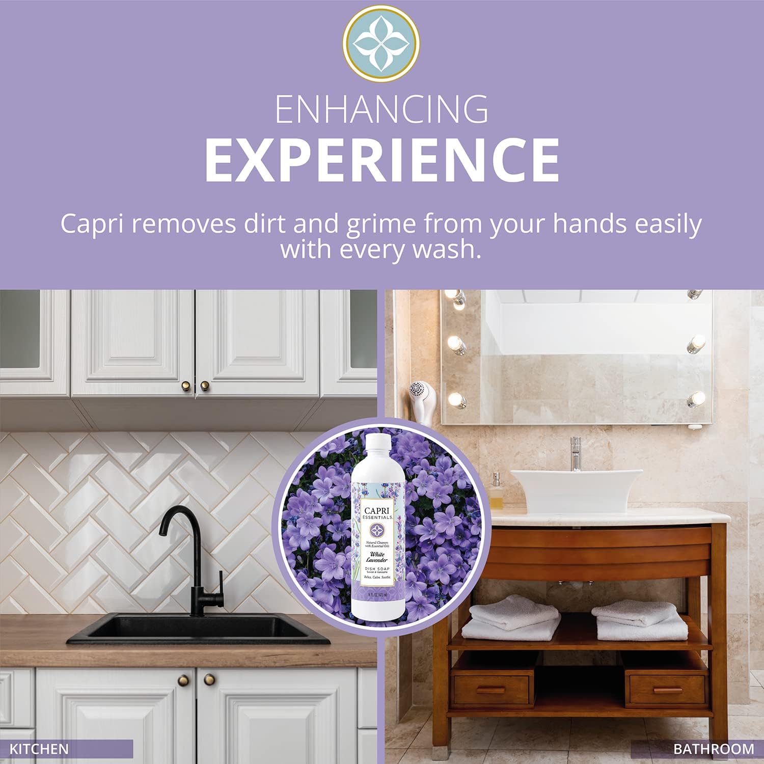 CAPRI ESSENTIALS hand soap pump on sink enables easy daily cleansing.