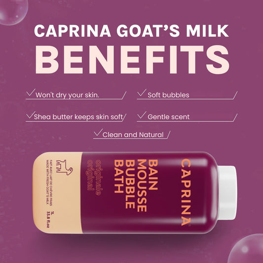 Caprina bubble bath foam pours smoothly, creating a creamy lather for gentle cleansing.