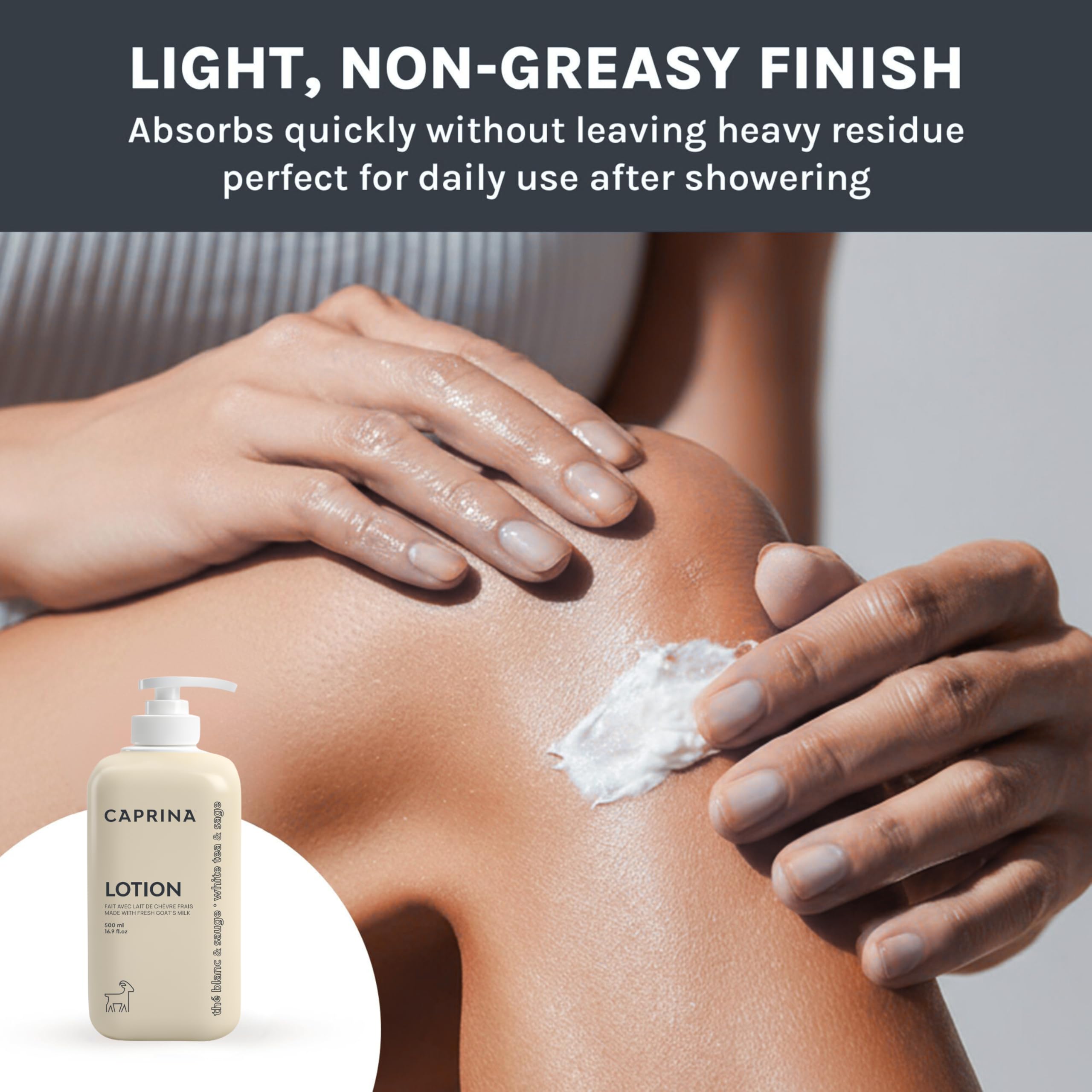 Caprina Goat's Milk Body Lotion on skin demonstrates fast-absorbing finish