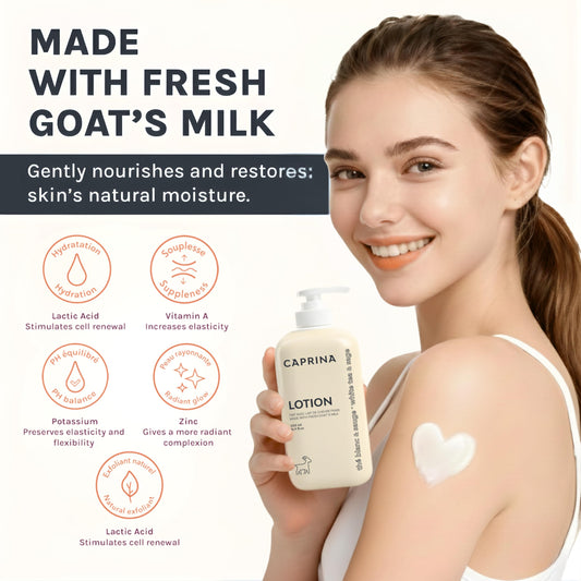 Caprina Goat's Milk Body Lotion texture close-up shows creamy absorption
