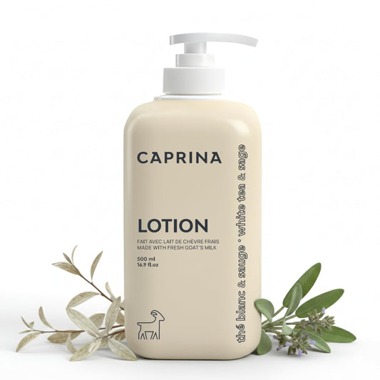 Caprina Goat's Milk Body Lotion bottle with White Tea Sage for daily hydration