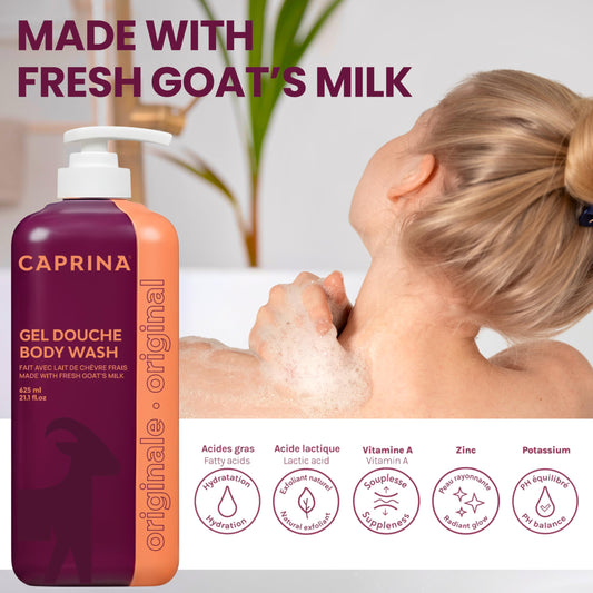 Caprina Goat Milk nourushing formula close-up showing skin-friendly ingredients.