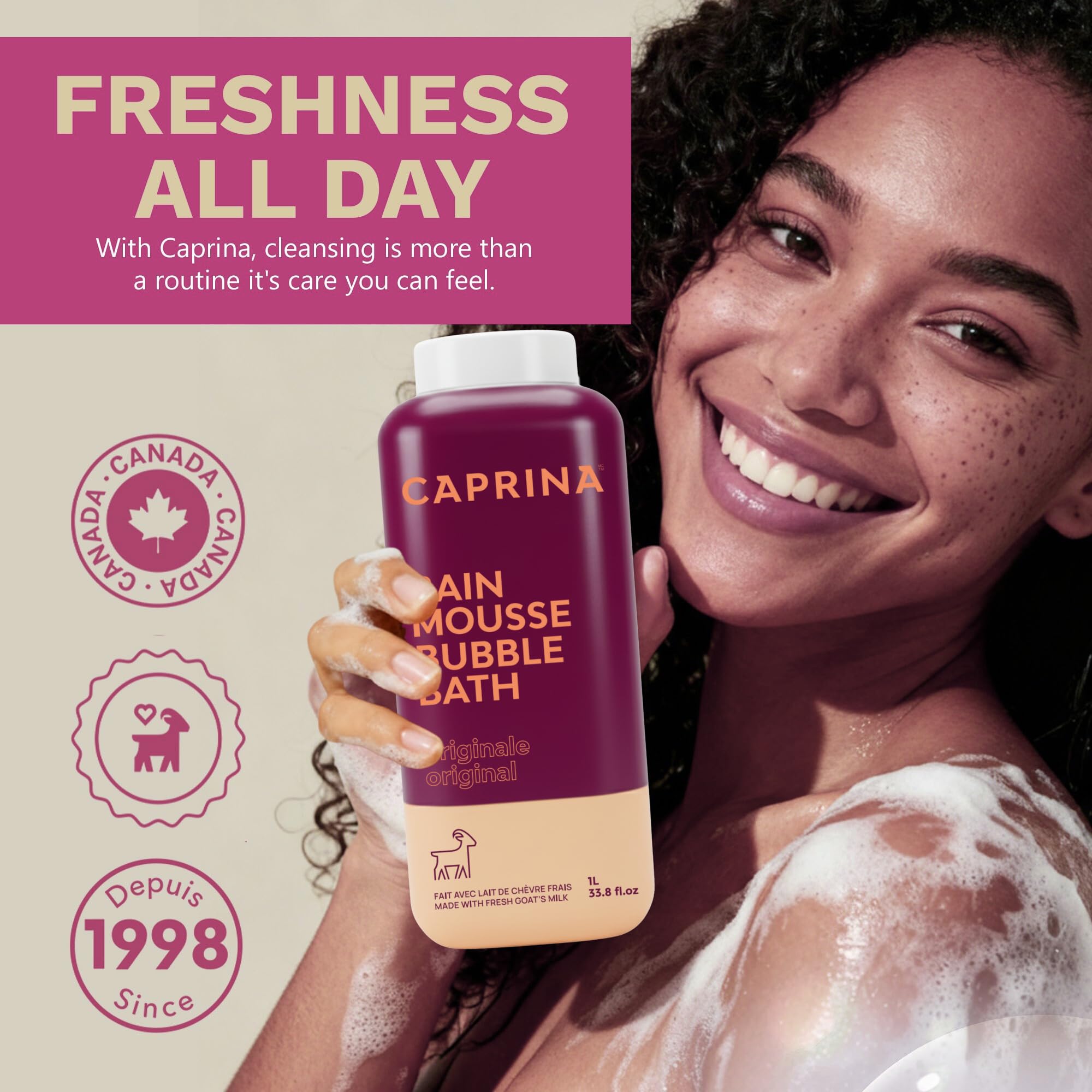 Caprina Lavender Oil fragrance evokes calming bath moments for relaxation.