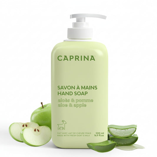 Caprina Liquid Hand Soap bottle front view, gentle daily cleansing for sensitive hands.