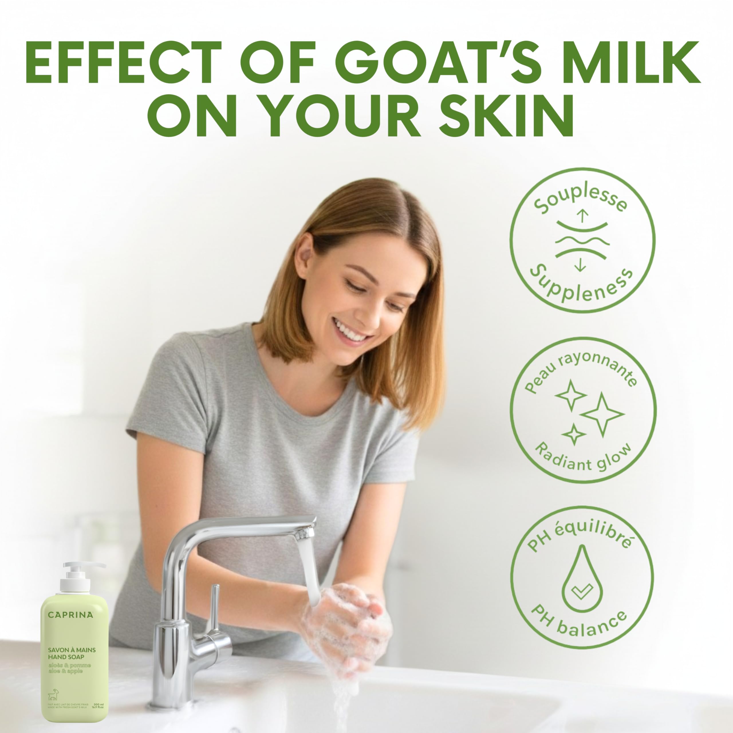 Caprina Liquid Hand Soap pump-dispense close-up for easy application.
