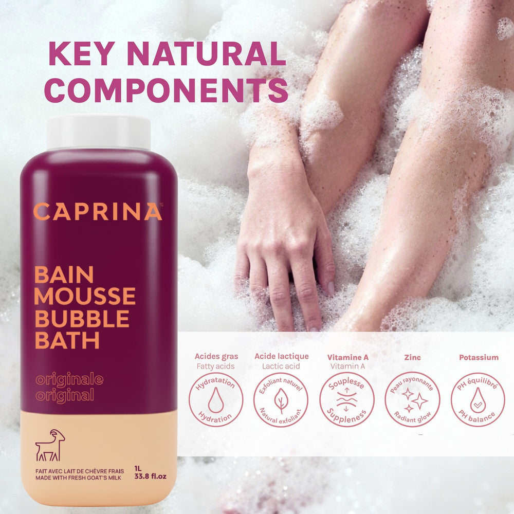 Caprina Original fragrance bottle shows soft bubbles and a comforting scent.