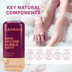 Caprina Original fragrance bottle shows soft bubbles and a comforting scent.