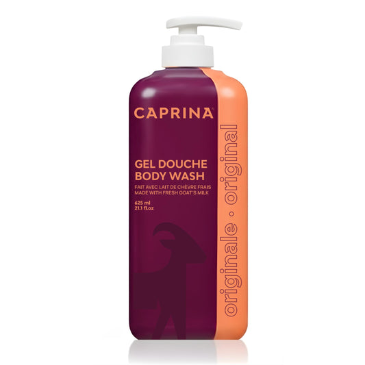 Caprina Original Goat Milk Body Wash bottle with pump for easy daily cleansing.