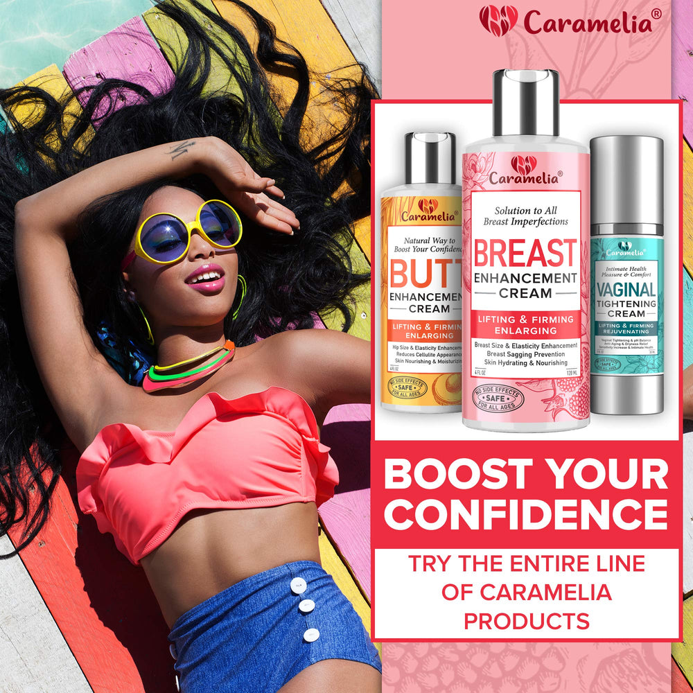 Caramelia brand label close-up reinforces paraben-free, non-GMO, sensitive-skin friendly formula.