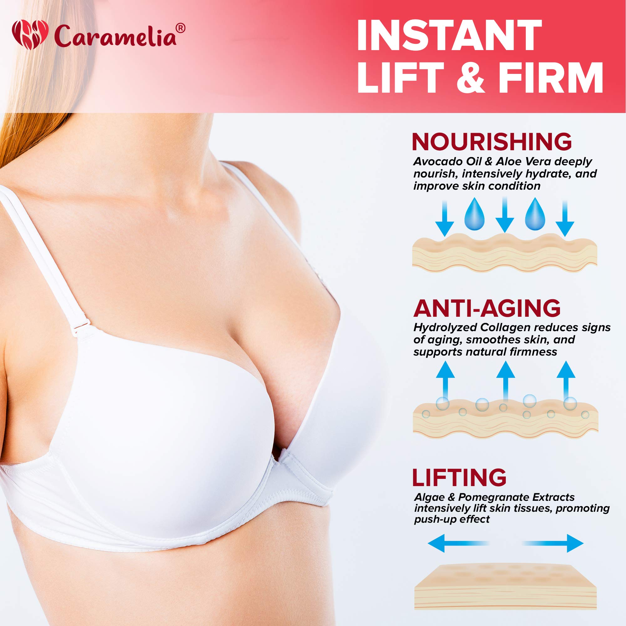 Caramelia Cream applied on skin shows quick absorption and gentle lifting feel.