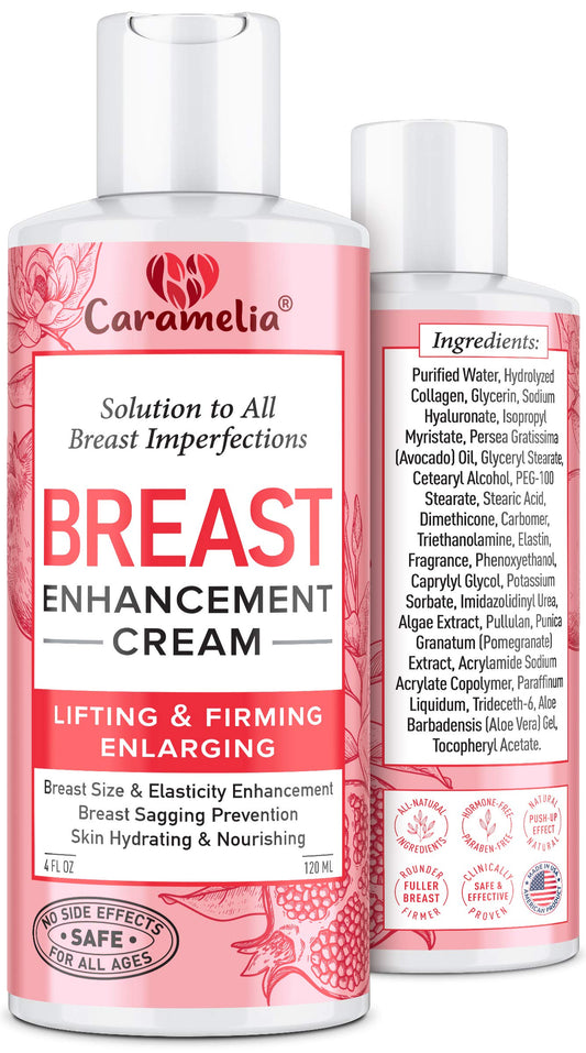Caramelia Breast Enhancement Cream bottle close-up shows premium formula for firming.
