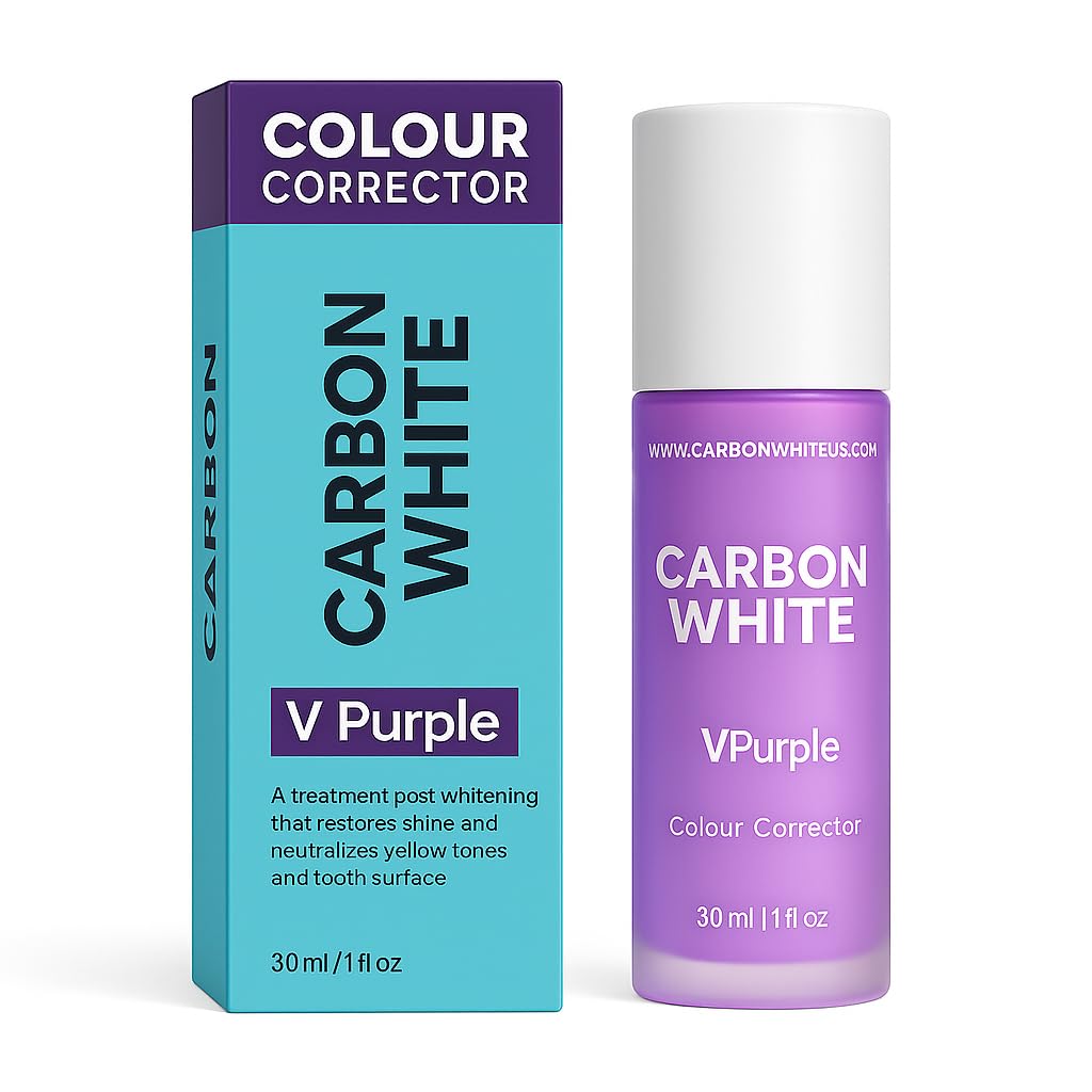 Carbon White VPurple toothpaste tube showing color correcting formula for instant brightness.