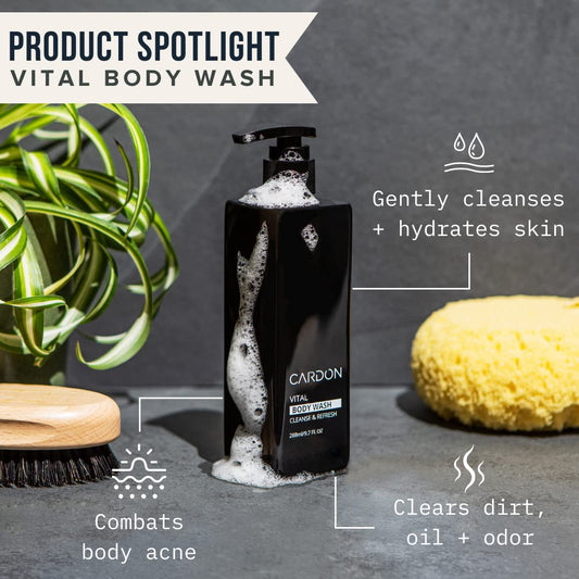 Cardon Acne Clearing Body Wash set packaging showcases all-in-one grooming.