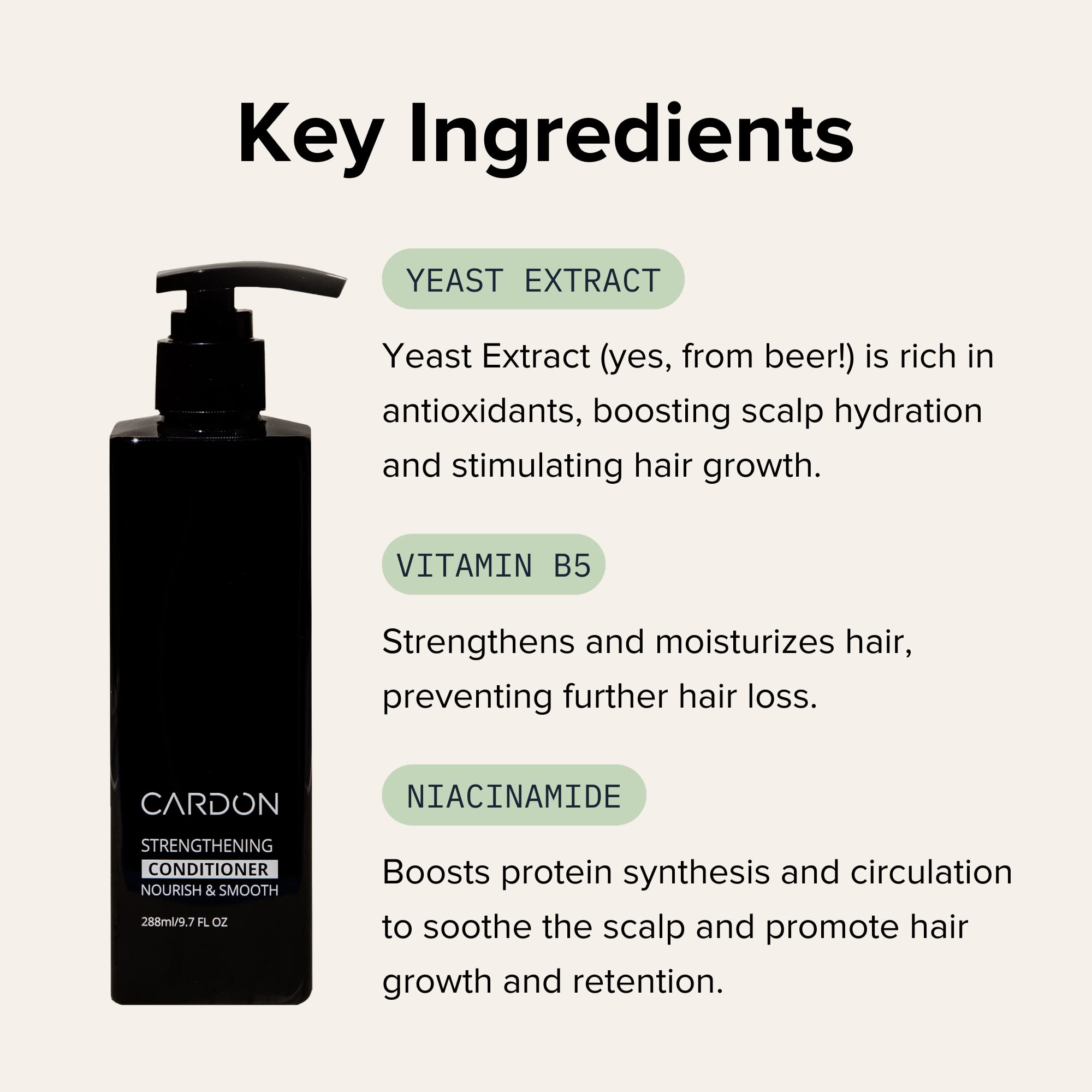 Cardon Hair Growth Conditioner ingredients closeup illustrating deep conditioning components.