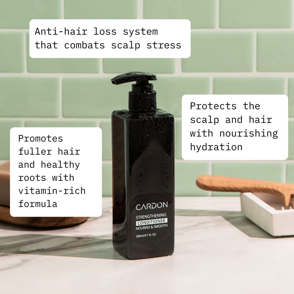 Cardon Hair Growth Conditioner label closeup highlighting Niacinamide and Vitamin B5 for scalp support.