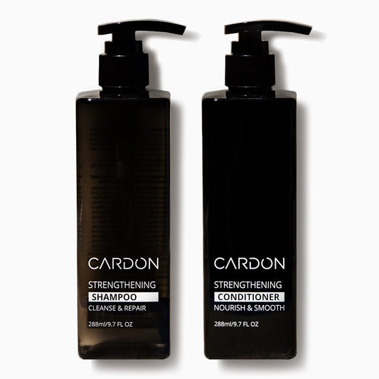 Cardon Hair Growth Set shampoo bottle highlights a strengthening formula for men.