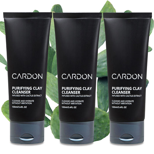 Cardon Men's Deep Pore Cleaning Clay Face Wash packaging shows a 3-count pack for oily skin.