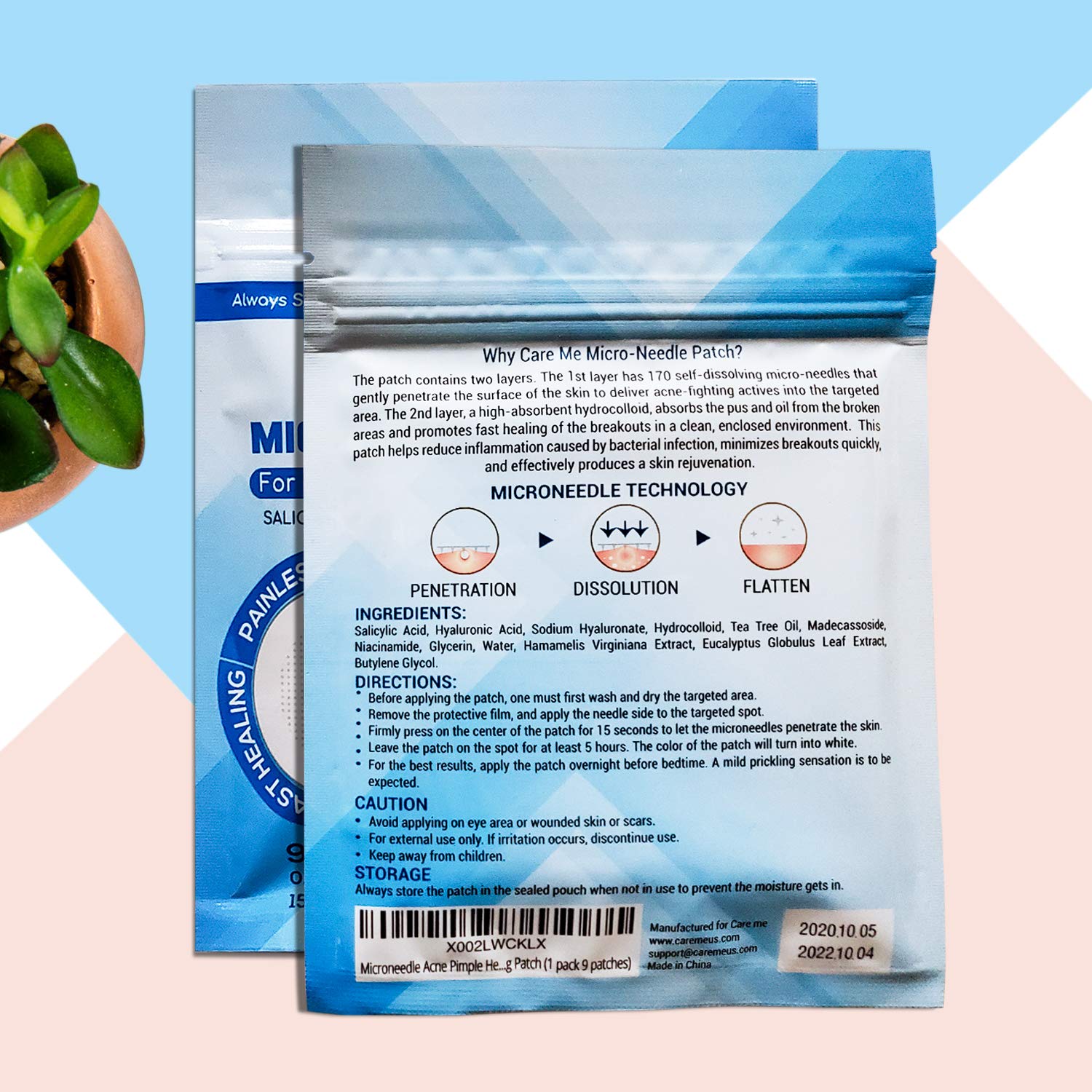 Care Me patch pack showing 18 discreet stickers for spot treatment