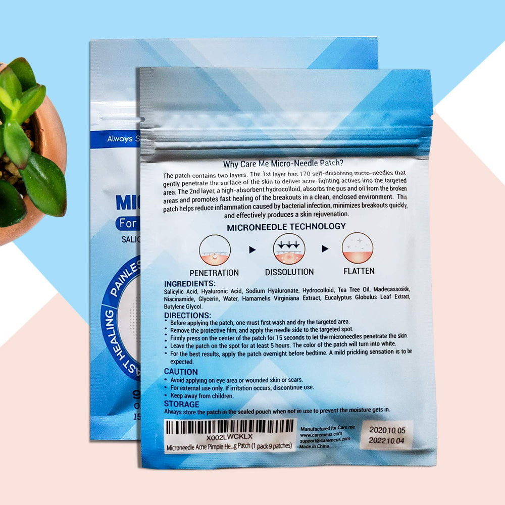 Care Me patch pack showing 18 discreet stickers for spot treatment