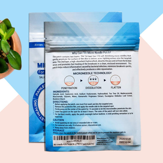 Care Me patch pack showing 18 discreet stickers for spot treatment